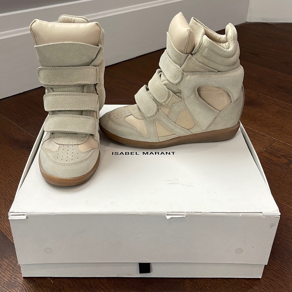 Isabel Marant Beige Suede and Leather Wedge Sneakers Size 36/6